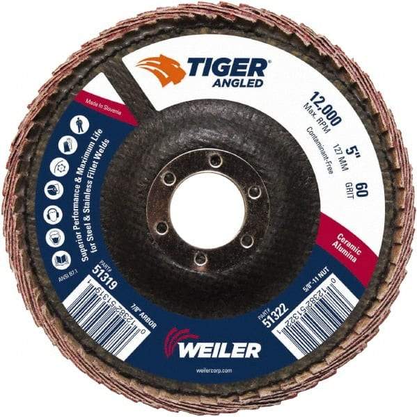 Weiler - 60 Grit, 5" Disc Diam, 7/8" Center Hole, Type 27 Ceramic Alumina Flap Disc - 12,000 Max RPM, Phenolic Backing, Quick Change Type S Attaching System, Coated - Industrial Tool & Supply