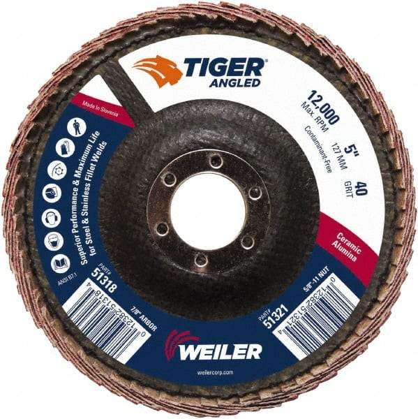 Weiler - 40 Grit, 5" Disc Diam, 7/8" Center Hole, Type 27 Ceramic Alumina Flap Disc - 12,000 Max RPM, Phenolic Backing, Arbor Attaching System, Coated - Industrial Tool & Supply
