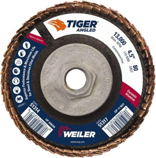 Weiler - 80 Grit, 4-1/2" Disc Diam, 5/8-11 Center Hole, Type 27 Ceramic Alumina Flap Disc - 13,000 Max RPM, Phenolic Backing, Arbor Attaching System, Coated - Industrial Tool & Supply