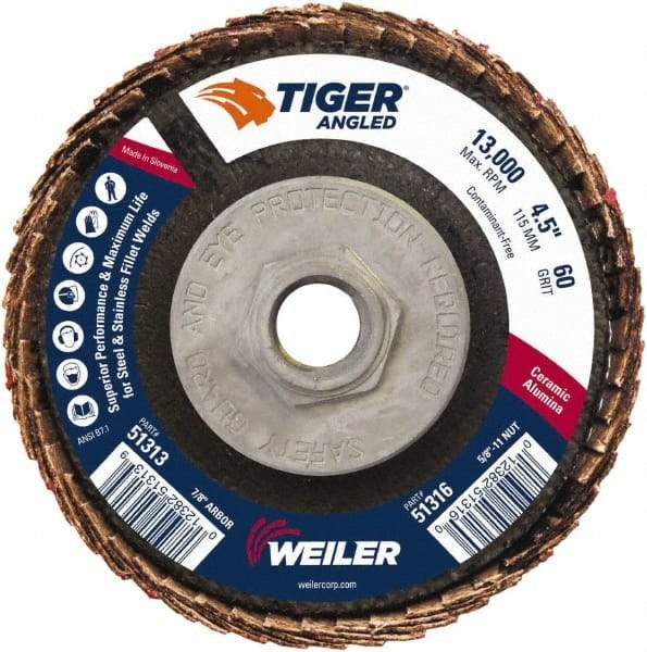 Weiler - 60 Grit, 4-1/2" Disc Diam, 5/8-11 Center Hole, Type 27 Ceramic Alumina Flap Disc - 13,000 Max RPM, Phenolic Backing, Arbor Attaching System, Coated - Industrial Tool & Supply