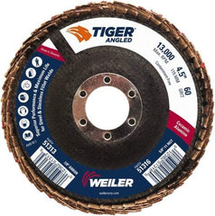 Weiler - 60 Grit, 4-1/2" Disc Diam, 7/8" Center Hole, Type 27 Ceramic Alumina Flap Disc - 13,000 Max RPM, Phenolic Backing, Quick Change Type S Attaching System, Coated - Industrial Tool & Supply