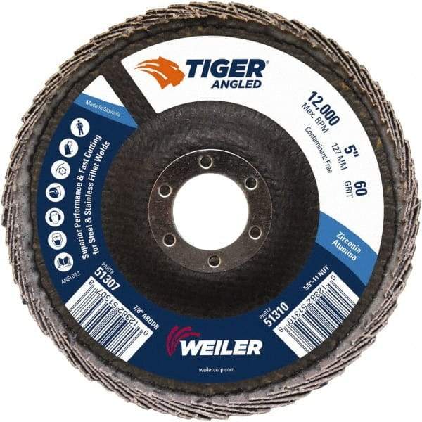 Weiler - 60 Grit, 5" Disc Diam, 7/8" Center Hole, Type 27 Zirconia Alumina Flap Disc - 12,000 Max RPM, Phenolic Backing, Quick Change Type S Attaching System, Coated - Industrial Tool & Supply