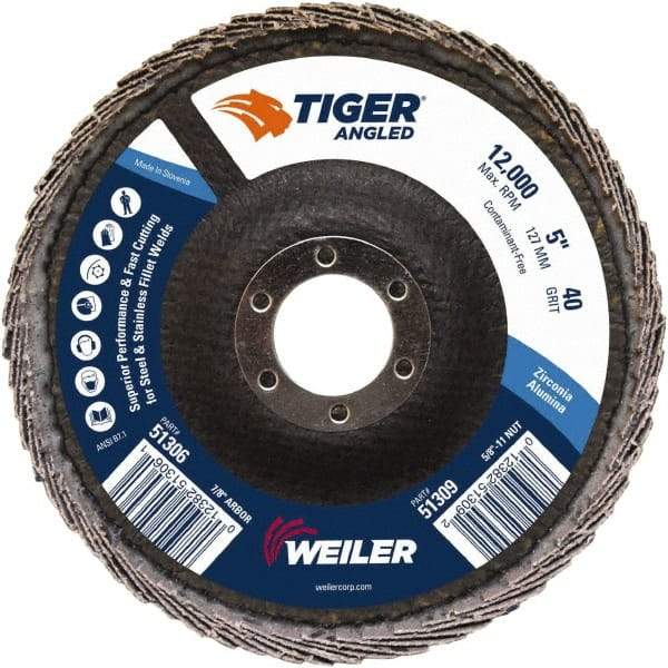 Weiler - 40 Grit, 5" Disc Diam, 7/8" Center Hole, Type 27 Zirconia Alumina Flap Disc - 12,000 Max RPM, Phenolic Backing, Arbor Attaching System, Coated - Industrial Tool & Supply