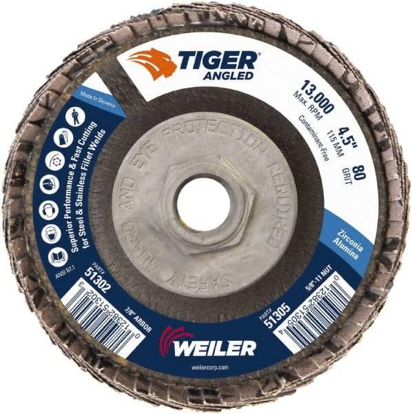 Weiler - 80 Grit, 4-1/2" Disc Diam, 5/8-11 Center Hole, Type 27 Zirconia Alumina Flap Disc - 13,000 Max RPM, Phenolic Backing, Arbor Attaching System, Coated - Industrial Tool & Supply