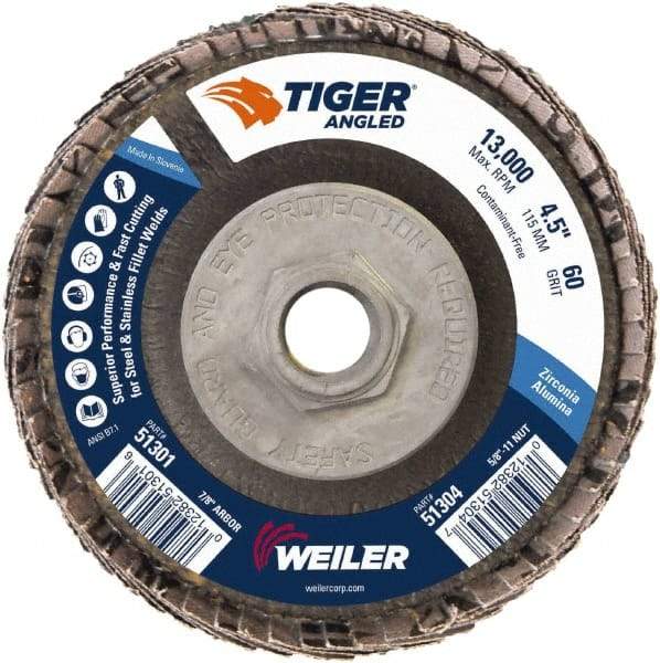 Weiler - 60 Grit, 4-1/2" Disc Diam, 5/8-11 Center Hole, Type 27 Zirconia Alumina Flap Disc - 13,000 Max RPM, Phenolic Backing, Arbor Attaching System, Coated - Industrial Tool & Supply