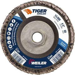 Weiler - 60 Grit, 4-1/2" Disc Diam, 5/8-11 Center Hole, Type 27 Zirconia Alumina Flap Disc - 13,000 Max RPM, Phenolic Backing, Arbor Attaching System, Coated - Industrial Tool & Supply