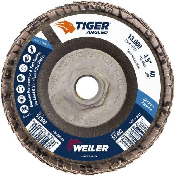 Weiler - 40 Grit, 4-1/2" Disc Diam, 5/8-11 Center Hole, Type 27 Zirconia Alumina Flap Disc - 13,000 Max RPM, Phenolic Backing, Arbor Attaching System, Coated - Industrial Tool & Supply