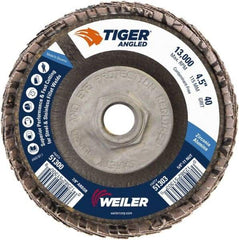 Weiler - 40 Grit, 4-1/2" Disc Diam, 5/8-11 Center Hole, Type 27 Zirconia Alumina Flap Disc - 13,000 Max RPM, Phenolic Backing, Arbor Attaching System, Coated - Industrial Tool & Supply