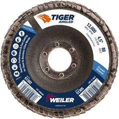Weiler - 80 Grit, 4-1/2" Disc Diam, 7/8" Center Hole, Type 27 Zirconia Alumina Flap Disc - 13,000 Max RPM, Phenolic Backing, Arbor Attaching System, Coated - Industrial Tool & Supply