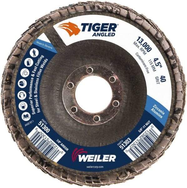 Weiler - 40 Grit, 4-1/2" Disc Diam, 7/8" Center Hole, Type 27 Zirconia Alumina Flap Disc - 13,000 Max RPM, Phenolic Backing, Arbor Attaching System, Coated - Industrial Tool & Supply