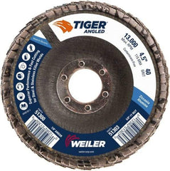 Weiler - 40 Grit, 4-1/2" Disc Diam, 7/8" Center Hole, Type 27 Zirconia Alumina Flap Disc - 13,000 Max RPM, Phenolic Backing, Arbor Attaching System, Coated - Industrial Tool & Supply