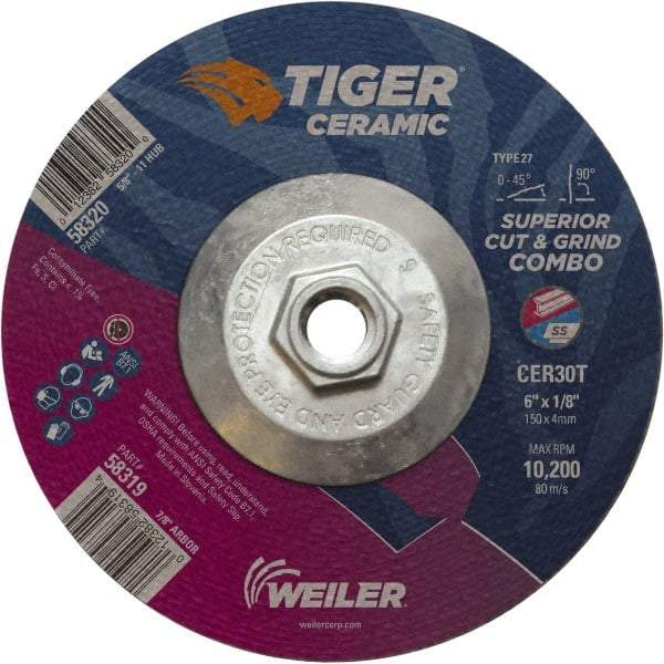 Weiler - 30 Grit, 6" Wheel Diam, Type 27 Depressed Center Wheel - Hard Grade, Ceramic, T Hardness, 10,200 Max RPM - Industrial Tool & Supply