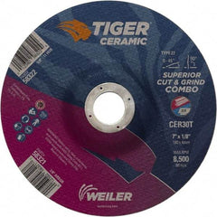 Weiler - 30 Grit, 7" Wheel Diam, 7/8" Arbor Hole, Type 27 Depressed Center Wheel - Hard Grade, Ceramic, T Hardness, 8,500 Max RPM - Industrial Tool & Supply