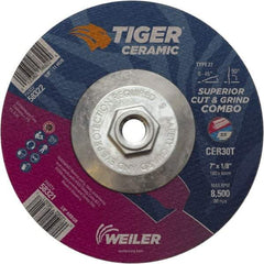 Weiler - 30 Grit, 7" Wheel Diam, Type 27 Depressed Center Wheel - Hard Grade, Ceramic, T Hardness, 8,500 Max RPM - Industrial Tool & Supply