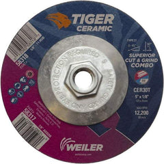 Weiler - 30 Grit, 5" Wheel Diam, Type 27 Depressed Center Wheel - Hard Grade, Ceramic, T Hardness, 12,200 Max RPM - Industrial Tool & Supply