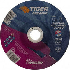 Weiler - 30 Grit, 6" Wheel Diam, 7/8" Arbor Hole, Type 27 Depressed Center Wheel - Hard Grade, Ceramic, T Hardness, 10,200 Max RPM - Industrial Tool & Supply