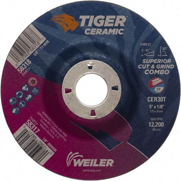 Weiler - 30 Grit, 5" Wheel Diam, 7/8" Arbor Hole, Type 27 Depressed Center Wheel - Hard Grade, Ceramic, T Hardness, 12,200 Max RPM - Industrial Tool & Supply