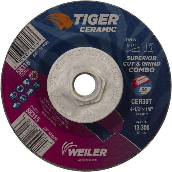 Weiler - 30 Grit, 4-1/2" Wheel Diam, Type 27 Depressed Center Wheel - Hard Grade, Ceramic, T Hardness, 13,300 Max RPM - Industrial Tool & Supply