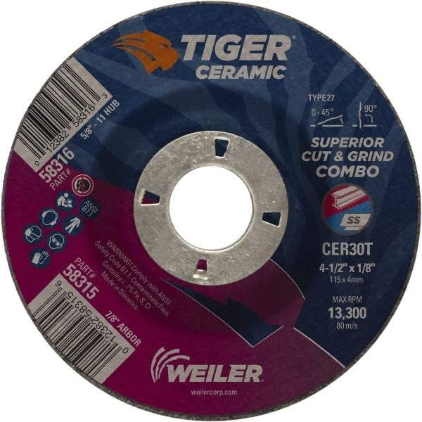 Weiler - 30 Grit, 4-1/2" Wheel Diam, 7/8" Arbor Hole, Type 27 Depressed Center Wheel - Hard Grade, Ceramic, T Hardness, 13,300 Max RPM - Industrial Tool & Supply