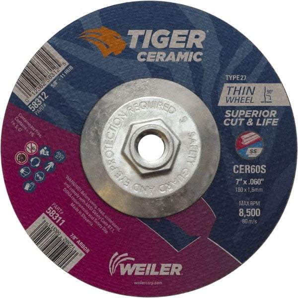 Weiler - 60 Grit, 7" Wheel Diam, Type 27 Depressed Center Wheel - Medium Grade, Ceramic, S Hardness, 8,500 Max RPM - Industrial Tool & Supply