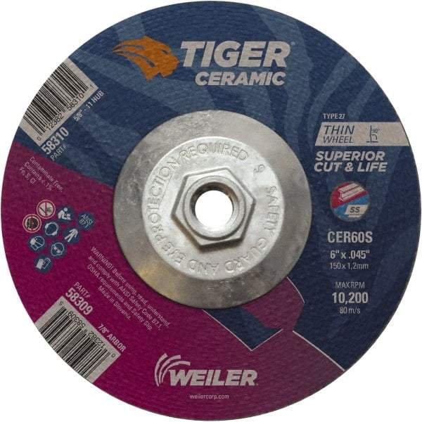 Weiler - 60 Grit, 6" Wheel Diam, Type 27 Depressed Center Wheel - Medium Grade, Ceramic, S Hardness, 10,200 Max RPM - Industrial Tool & Supply