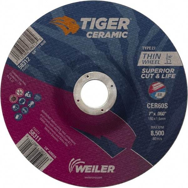 Weiler - 60 Grit, 7" Wheel Diam, 7/8" Arbor Hole, Type 27 Depressed Center Wheel - Medium Grade, Ceramic, S Hardness, 8,500 Max RPM - Industrial Tool & Supply