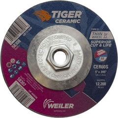 Weiler - 60 Grit, 5" Wheel Diam, Type 27 Depressed Center Wheel - Medium Grade, Ceramic, S Hardness, 12,200 Max RPM - Industrial Tool & Supply