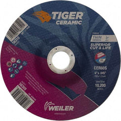 Weiler - 60 Grit, 6" Wheel Diam, 7/8" Arbor Hole, Type 27 Depressed Center Wheel - Medium Grade, Ceramic, S Hardness, 10,200 Max RPM - Industrial Tool & Supply