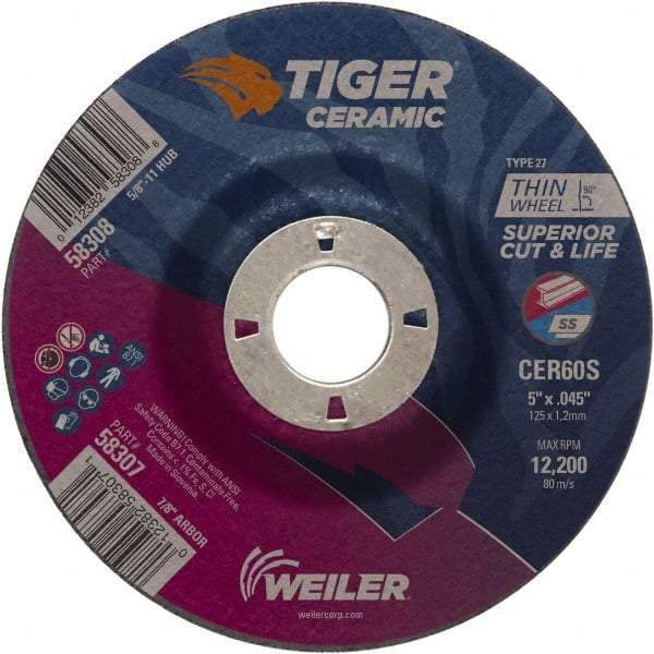 Weiler - 60 Grit, 5" Wheel Diam, 7/8" Arbor Hole, Type 27 Depressed Center Wheel - Medium Grade, Ceramic, S Hardness, 12,200 Max RPM - Industrial Tool & Supply