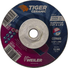 Weiler - 60 Grit, 4-1/2" Wheel Diam, Type 27 Depressed Center Wheel - Medium Grade, Ceramic, S Hardness, 13,300 Max RPM - Industrial Tool & Supply