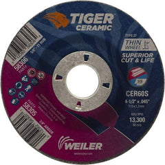 Weiler - 60 Grit, 4-1/2" Wheel Diam, 7/8" Arbor Hole, Type 27 Depressed Center Wheel - Medium Grade, Ceramic, S Hardness, 13,300 Max RPM - Industrial Tool & Supply