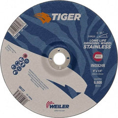 Weiler - 24 Grit, 9" Wheel Diam, 7/8" Arbor Hole, Type 27 Depressed Center Wheel - Medium Grade, Aluminum Oxide, R Hardness, 6,600 Max RPM - Industrial Tool & Supply