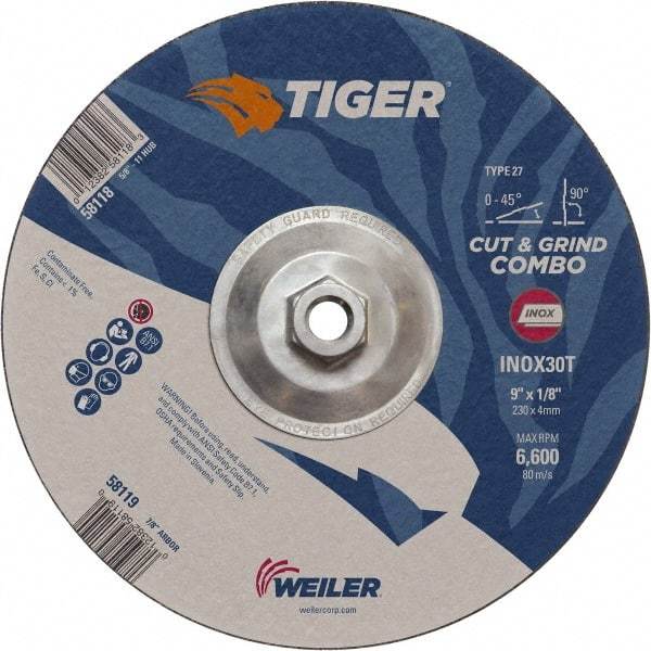 Weiler - 30 Grit, 9" Wheel Diam, Type 27 Depressed Center Wheel - Hard Grade, Aluminum Oxide, T Hardness, 6,600 Max RPM - Industrial Tool & Supply