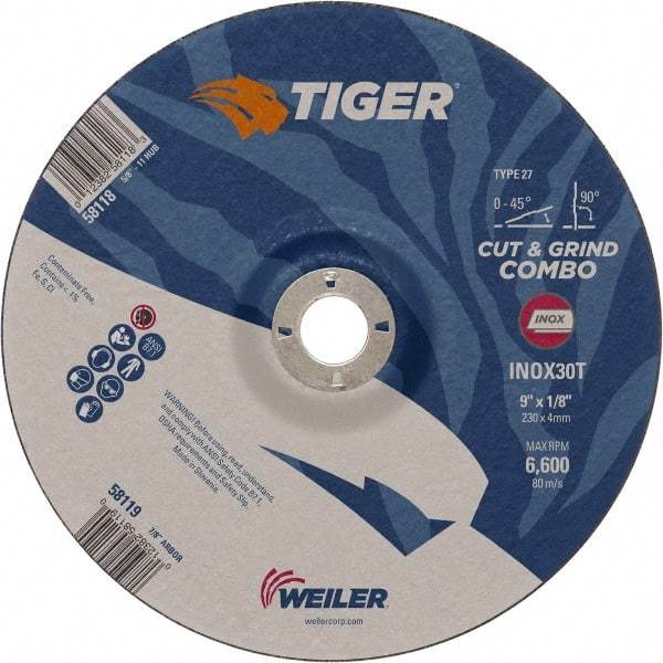 Weiler - 30 Grit, 9" Wheel Diam, 7/8" Arbor Hole, Type 27 Depressed Center Wheel - Hard Grade, Aluminum Oxide, T Hardness, 6,600 Max RPM - Industrial Tool & Supply