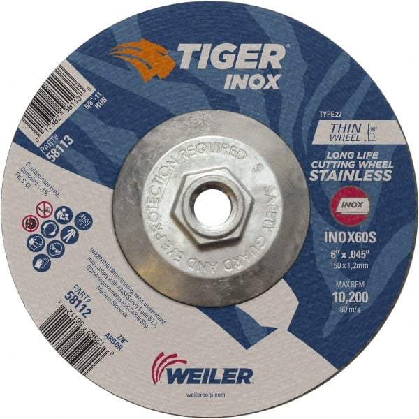 Weiler - 60 Grit, 6" Wheel Diam, Type 27 Depressed Center Wheel - Medium Grade, Aluminum Oxide, S Hardness, 10,200 Max RPM - Industrial Tool & Supply