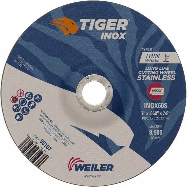 Weiler - 60 Grit, 7" Wheel Diam, 7/8" Arbor Hole, Type 27 Depressed Center Wheel - Medium Grade, Aluminum Oxide, S Hardness, 8,500 Max RPM - Industrial Tool & Supply