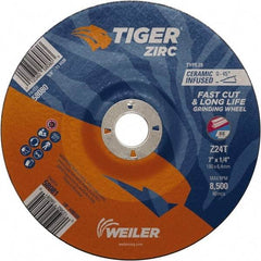 Weiler - 24 Grit, 7" Wheel Diam, 7/8" Arbor Hole, Type 28 Depressed Center Wheel - Hard Grade, Zirconia Alumina, T Hardness, 8,500 Max RPM - Industrial Tool & Supply