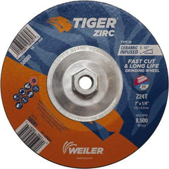 Weiler - 24 Grit, 7" Wheel Diam, Type 28 Depressed Center Wheel - Hard Grade, Zirconia Alumina, T Hardness, 8,500 Max RPM - Industrial Tool & Supply