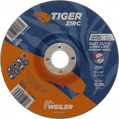 Weiler - 24 Grit, 6" Wheel Diam, 7/8" Arbor Hole, Type 27 Depressed Center Wheel - Hard Grade, Zirconia Alumina, T Hardness, 10,200 Max RPM - Industrial Tool & Supply