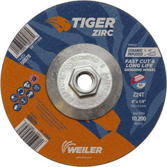 Weiler - 24 Grit, 6" Wheel Diam, Type 27 Depressed Center Wheel - Hard Grade, Zirconia Alumina, T Hardness, 10,200 Max RPM - Industrial Tool & Supply