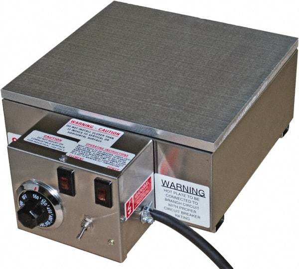 Valad Electric Heating - 12" Long x 12 Wide x 6" High, 110/120 Volt Hot Plate - 100 to 550°F, 1 Burner, Aluminum Plate, 1500 Watt, 13.6 Amps, 304 Stainless Steel Base - Industrial Tool & Supply