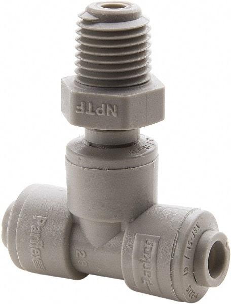 Parker - 3/8" Outside Diam, 3/8 NPTF, Acetal Push-to-Connect Tube Male Swivel Branch Tee - 300 Max psi, Gray - Industrial Tool & Supply