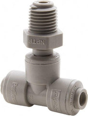 Parker - 3/8" Outside Diam, 3/8 NPTF, Acetal Push-to-Connect Tube Male Swivel Branch Tee - 300 Max psi, Gray - Industrial Tool & Supply