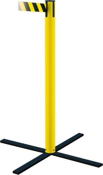 Tensator - 36" High, 5" Pole Diam, Stowaway Post - 22-3/4" Base Diam, Flat Metal Base, Yellow Plastic Post, 13' x 2" Tape, Single Line Tape, For Outdoor Use - Industrial Tool & Supply