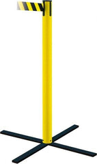 Tensator - 36" High, 5" Pole Diam, Stowaway Post - 22-3/4" Base Diam, Flat Metal Base, Yellow Plastic Post, 7-1/2' x 2" Tape, Single Line Tape, For Outdoor Use - Industrial Tool & Supply