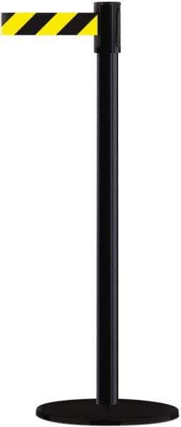 Tensator - 38" High, 2" Pole Diam, Barricade Tape Dispenser - 14" Base Diam, Round Plastic Base, Black Steel Post, 7-1/2' x 1-7/8" Tape, Single Line Tape, For Outdoor Use - Industrial Tool & Supply