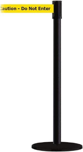 Tensator - 38" High, 2" Pole Diam, Barricade Tape Dispenser - 14" Base Diam, Round Plastic Base, Black Steel Post, 13' x 1-7/8" Tape, Single Line Tape, For Outdoor Use - Industrial Tool & Supply