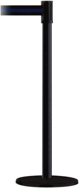 Tensator - 38" High, 2" Pole Diam, Barricade Tape Dispenser - 14" Base Diam, Round Plastic Base, Black Steel Post, 7-1/2' x 1-7/8" Tape, Single Line Tape, For Outdoor Use - Industrial Tool & Supply