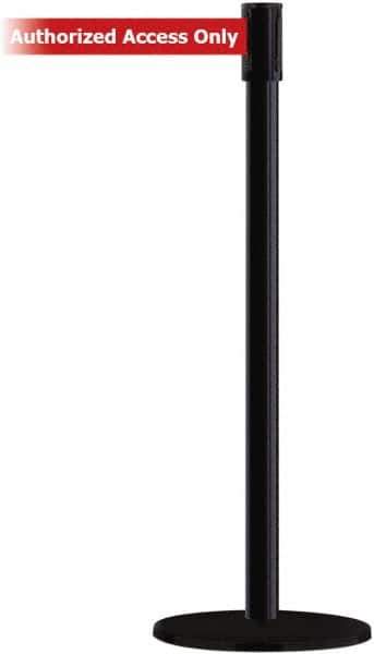 Tensator - 38" High, 2" Pole Diam, Barricade Tape Dispenser - 14" Base Diam, Round Plastic Base, Black Steel Post, 7-1/2' x 1-7/8" Tape, Single Line Tape, For Outdoor Use - Industrial Tool & Supply