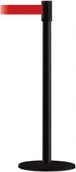 Tensator - 38" High, 2" Pole Diam, Barricade Tape Dispenser - 14" Base Diam, Round Plastic Base, Black Steel Post, 7-1/2' x 1-7/8" Tape, Single Line Tape, For Outdoor Use - Industrial Tool & Supply